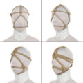 A picture of a woman wearing a white zentai and various versions of a rope harness on her head.